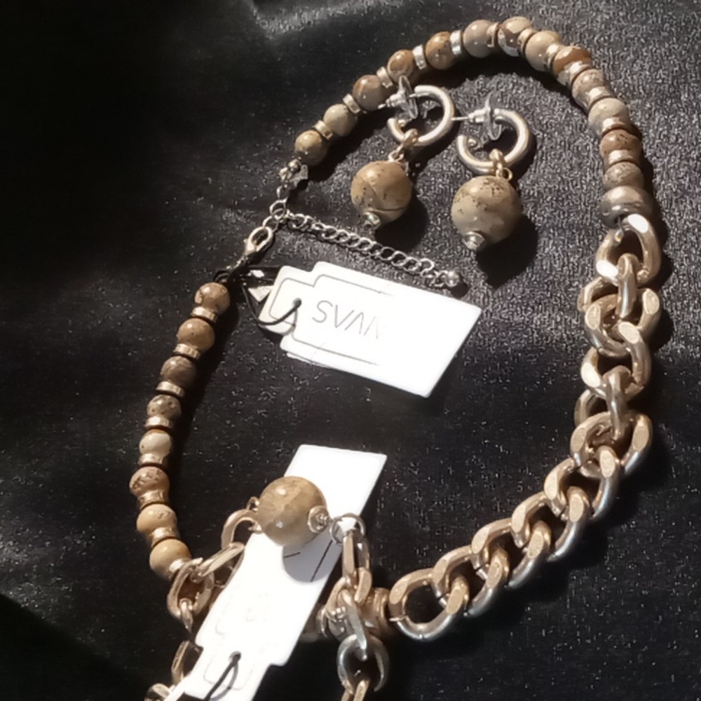 Canvas natural agate stone necklace earrings & bracelet set gold tone